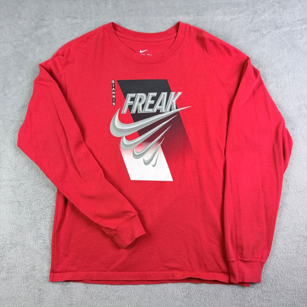 Nike Giannis Freak Long Sleeve Shirt Mens Small‎ Red Graphic Tee DM2451-657